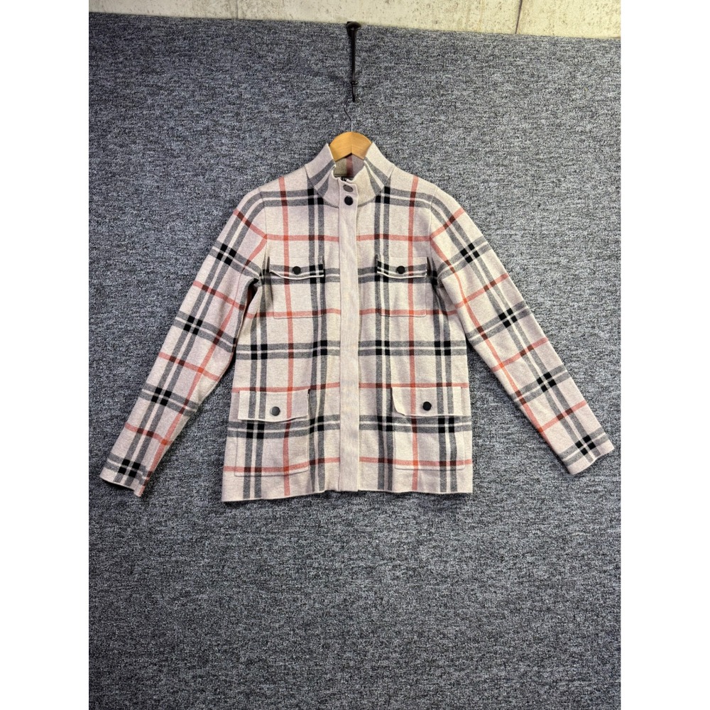 Joie Plaid Knit Utility Jacket Beige Black Red Mock Neck Snap Front Large